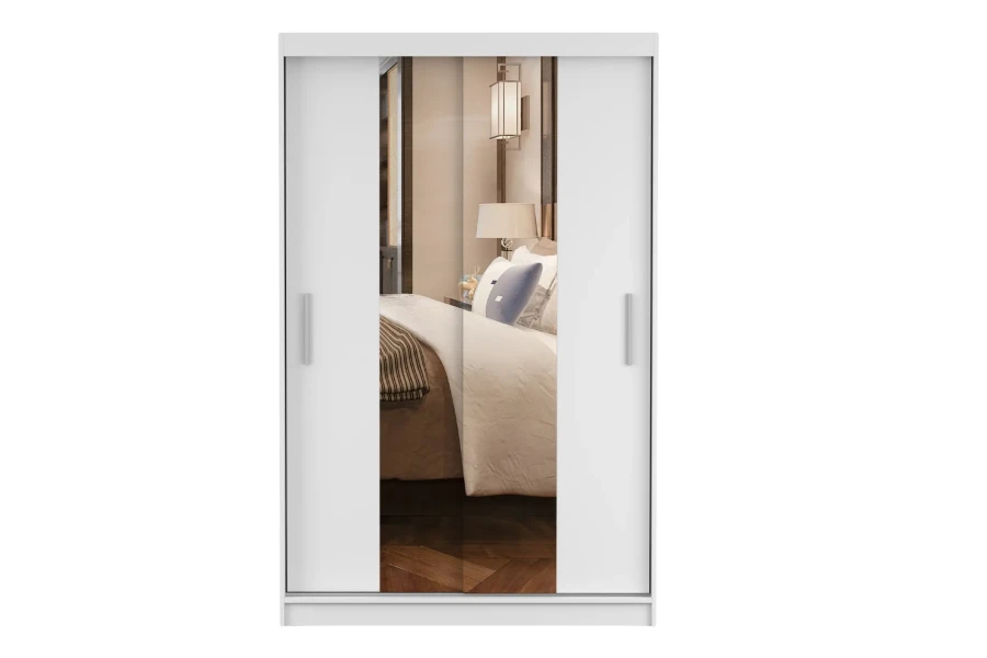 Moderner weißer Schiebetürenschrank mit zwei Spiegelflächen für das Schlafzimmer.