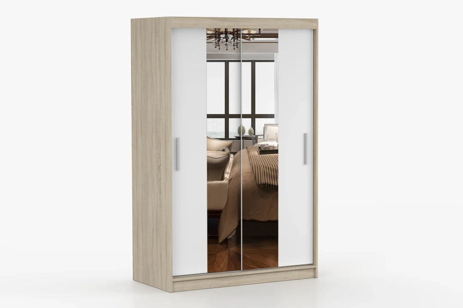 Kleiderschrank in Holzoptik mit weißen Schwebetüren und Spiegeln, Seitenansicht.