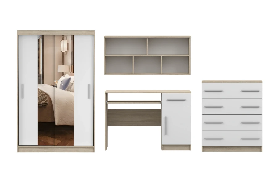 Tienerkamer-set in eiken-look en wit met kast, bureau, plank en ladenkast.