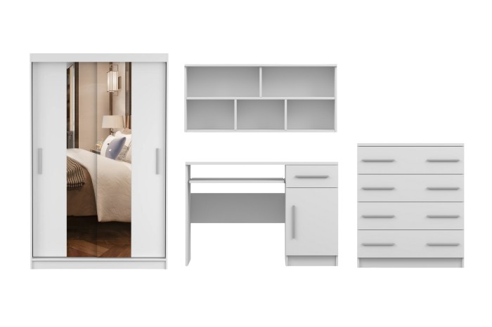 Komplettes Kinderzimmer-Möbelset in Weiß inklusive Kleiderschrank, Schreibtisch und Kommode.