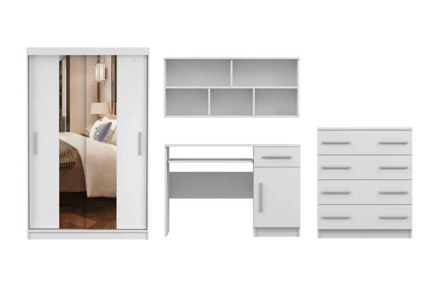 Komplettes Kinderzimmer-Möbelset in Weiß inklusive Kleiderschrank, Schreibtisch und Kommode.