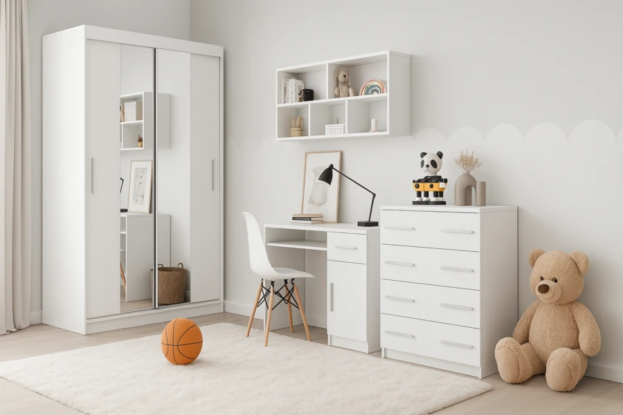 Hell eingerichtetes Jugendzimmer mit weißen Möbeln, Schreibtisch, Schrank und Teddybär.