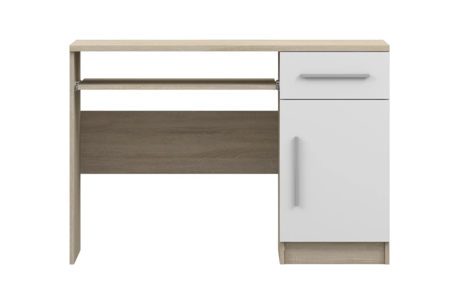 Moderner Schreibtisch in Eiche-Optik mit weißen Fronten und Tastaturauszug.