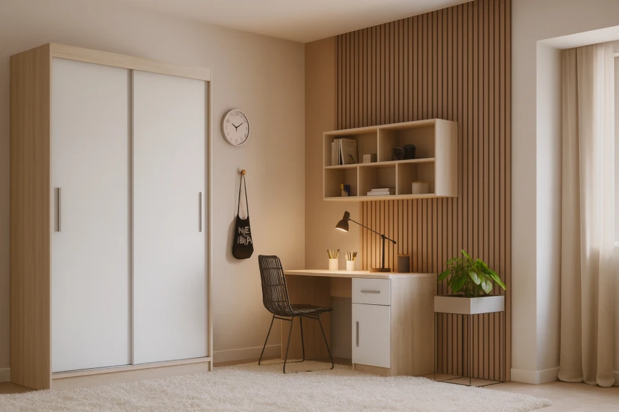 Komplettes Jugendzimmer-Set mit Schwebetürenschrank, Schreibtisch und Regal.