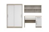 Möbelset für Jugendzimmer: Schrank, Schreibtisch und Wandregal in Eiche und Weiß.