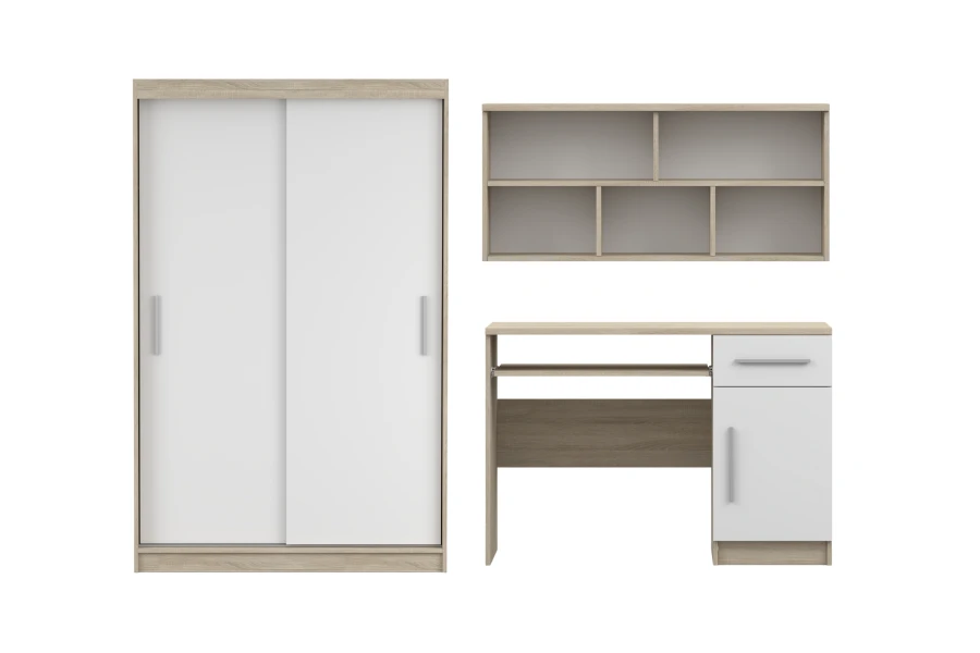 Möbelset für Jugendzimmer: Schrank, Schreibtisch und Wandregal in Eiche und Weiß.