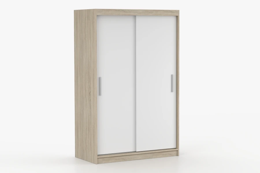 Schwebetürenschrank in Eiche und Weiß aus einer schrägen Perspektive.