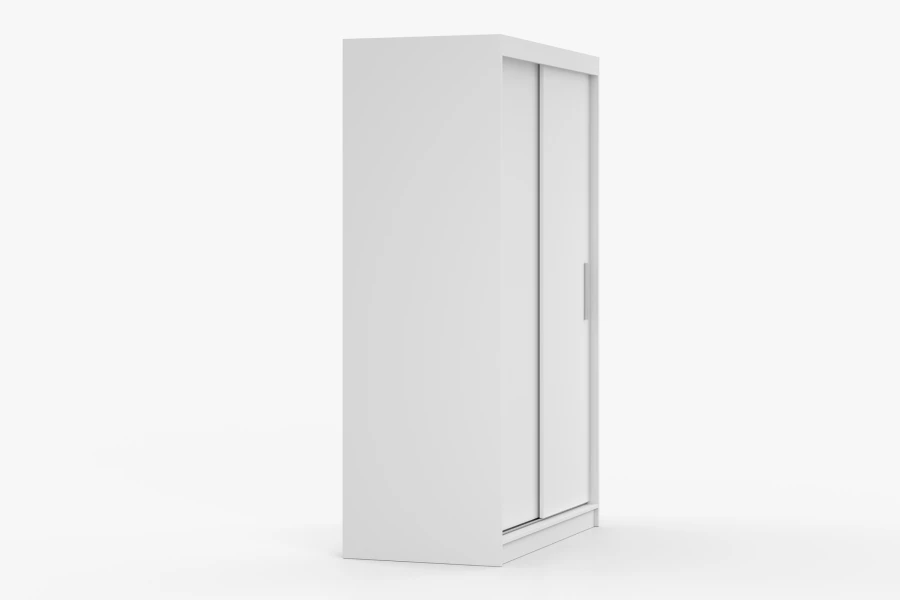 Seitenansicht eines minimalistischen weißen Kleiderschranks mit Schiebetüren.