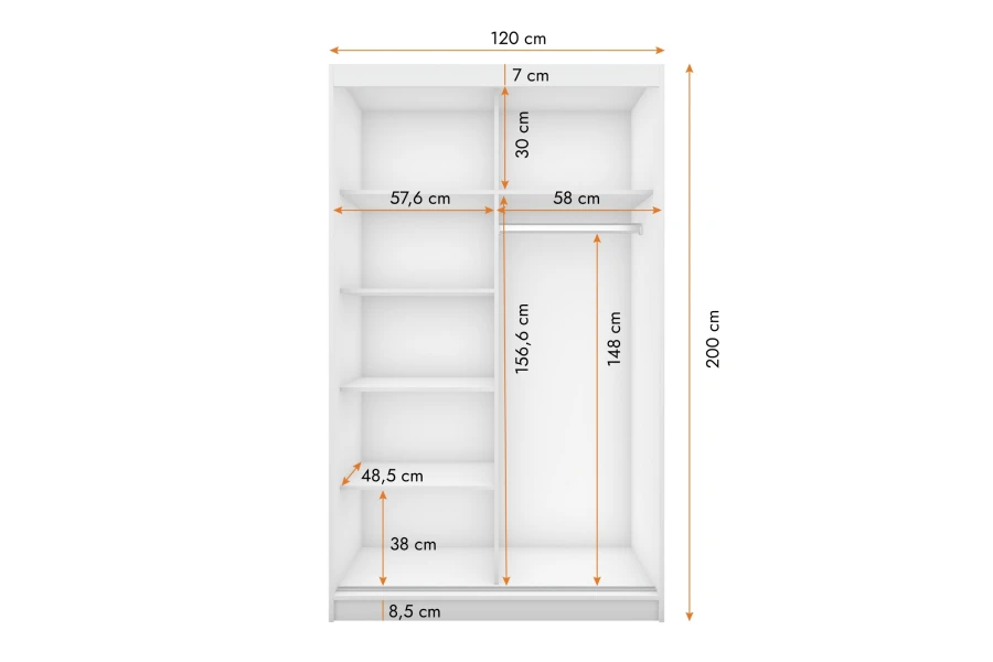 Innenansicht und Abmessungen eines weißen Schranks mit 120 cm Breite.