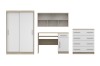Modernes Möbel-Set in Weiß und Eiche mit Kleiderschrank, Schreibtisch, Kommode und Wandregal.