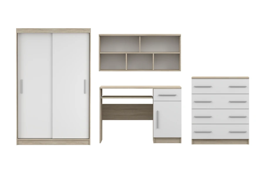 Modernes Möbel-Set in Weiß und Eiche mit Kleiderschrank, Schreibtisch, Kommode und Wandregal.