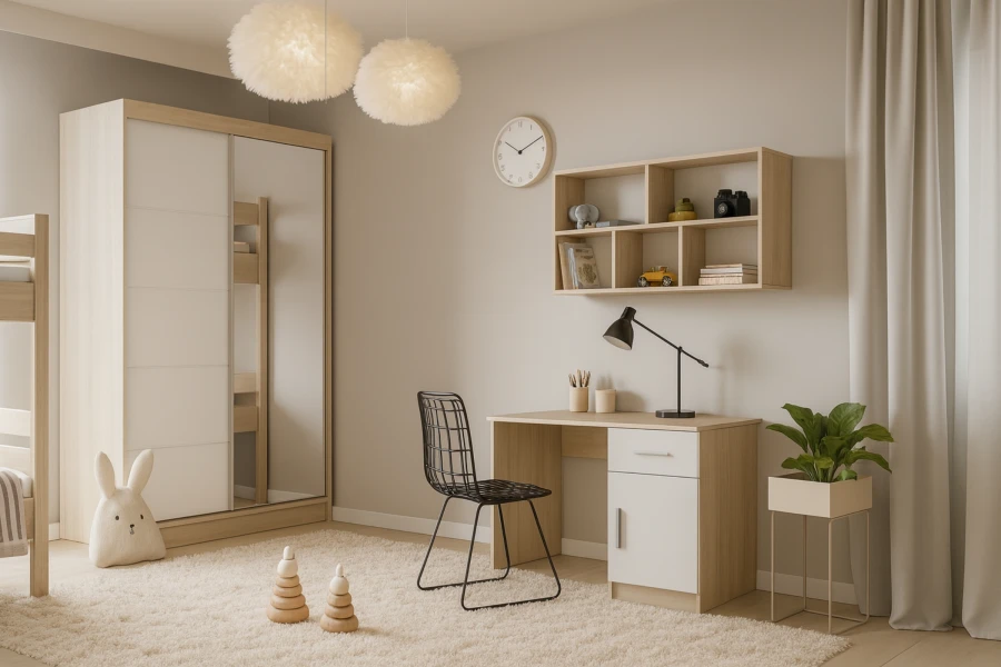 Modernes Kinderzimmer-Set mit Kleiderschrank, Schreibtisch und Wandregal in Eiche und Weiß.