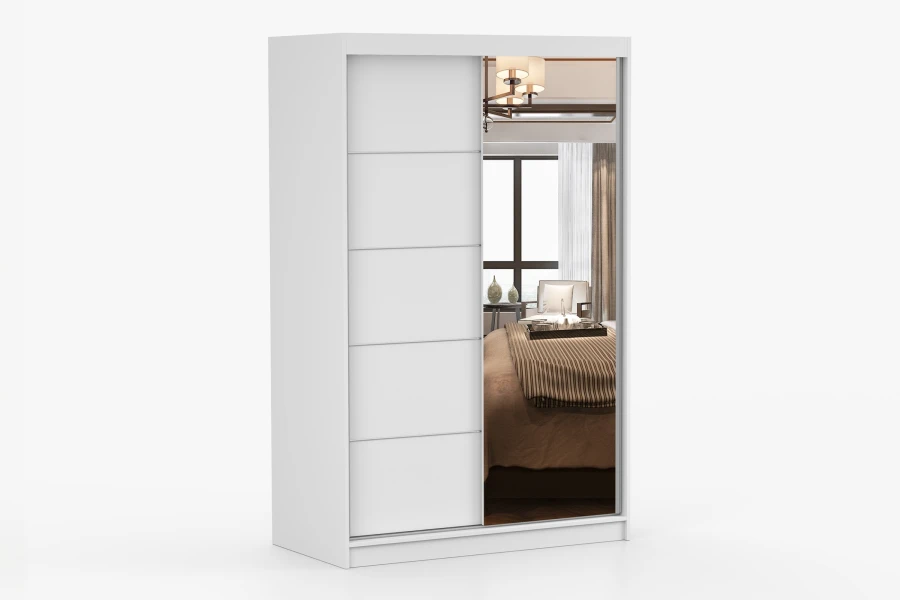Schlichter weißer Schwebetürenschrank mit großem Spiegel, ideal für moderne Schlafzimmer.