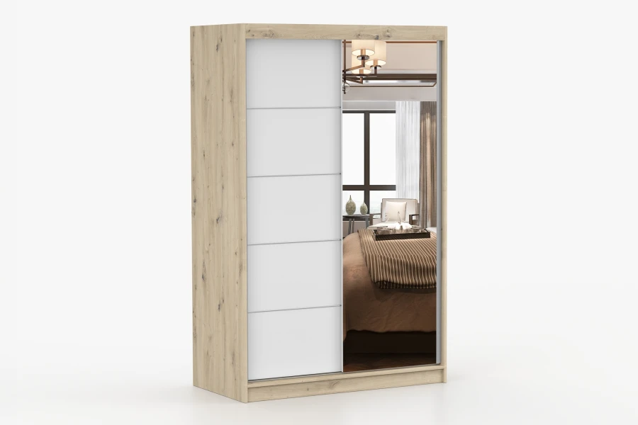 Schwebetürenschrank in Eiche-Nachbildung mit weißen Paneelen und Spiegeltür.