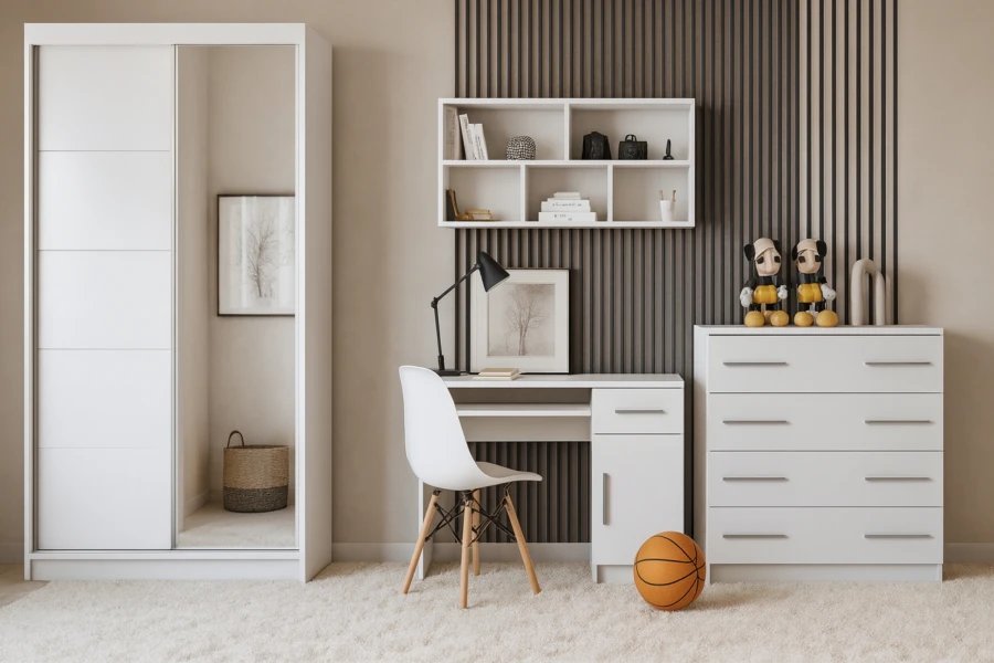 Komplettes Jugendzimmer-Set in Weiß mit Schreibtisch, Schrank und Kommode.
