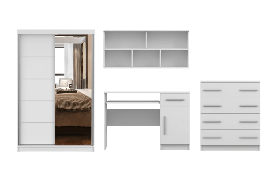 Vierteiliges weißes Möbel-Set: Schrank, Schreibtisch, Kommode und Regal.