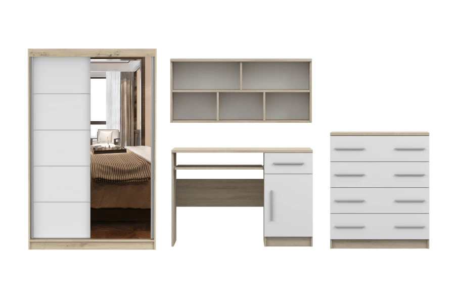 Möbel-Set in Eiche-Optik und Weiß mit Schrank, Schreibtisch und Kommode.