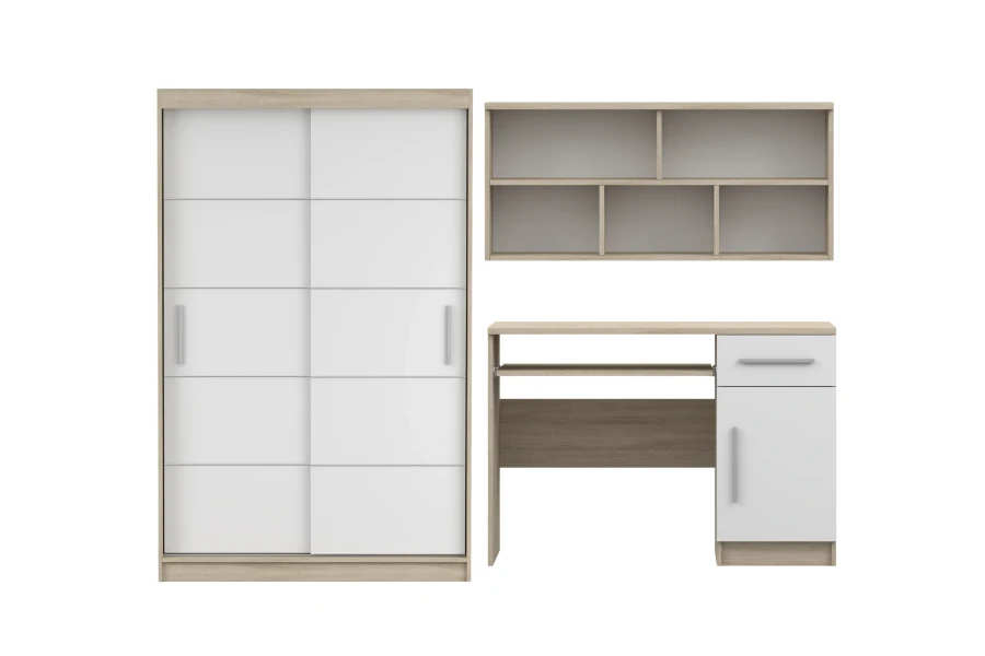 Möbel-Set bestehend aus Schiebetürenschrank, Wandregal und Schreibtisch in Eiche und Weiß.