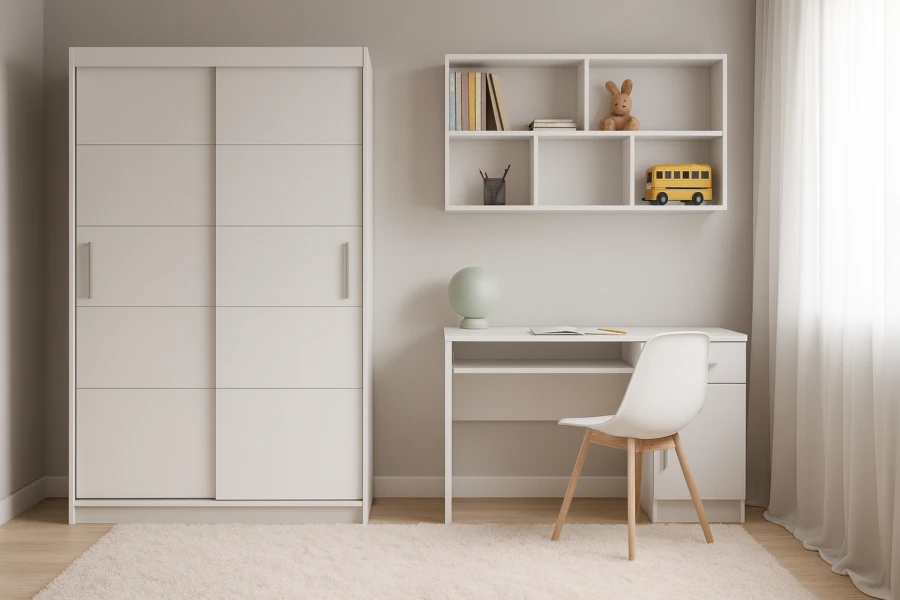 Moderner weißer Schiebeschrank mit Schreibtisch und Wandregal im hellen Kinderzimmer.