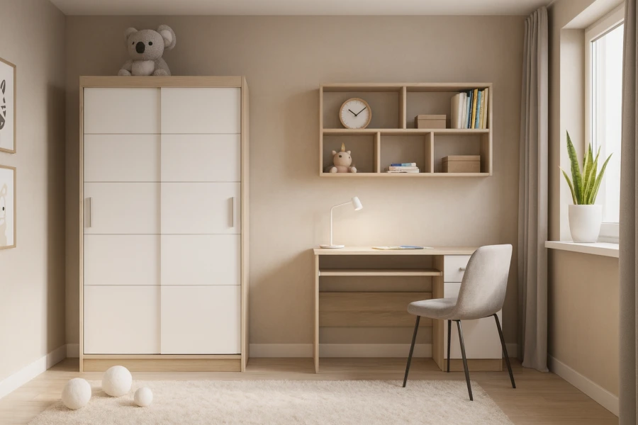 Jugendzimmer-Set mit Schiebeschrank in Weiß und Eiche sowie passendem Schreibtisch und Regal.