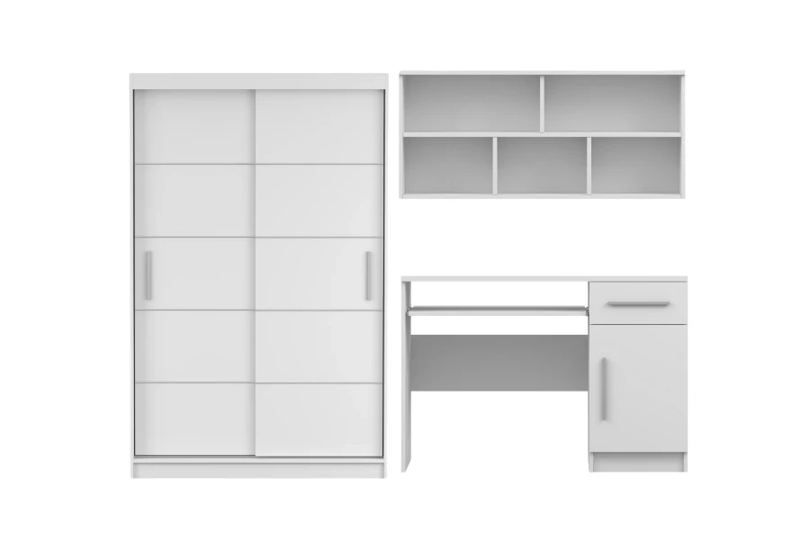 3-teiliges Möbelset in Weiß bestehend aus Kleiderschrank, Schreibtisch und Wandregal.