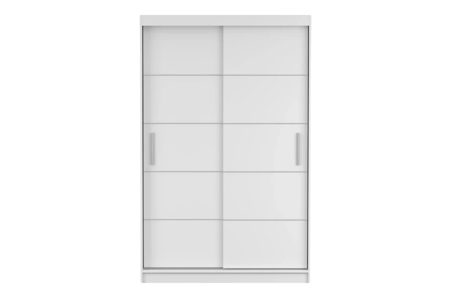 Moderner zweitüriger Schwebetürenschrank in Weiß mit silbernen Griffen auf weißem Hintergrund.