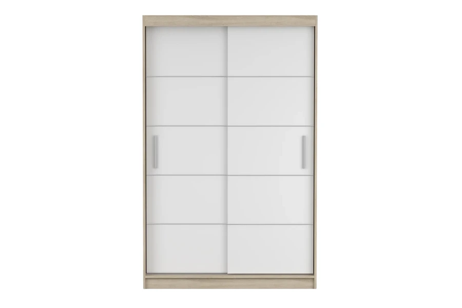 Zweitüriger Schwebetürenschrank in Weiß und Eiche-Optik mit modernen Griffleisten.