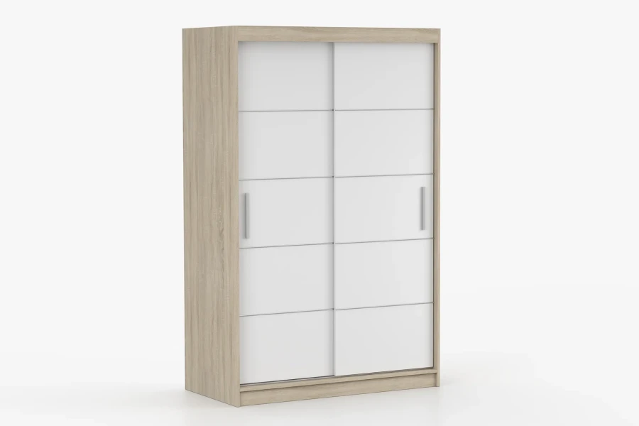 Schwebetürenschrank in Eiche und Weiß mit zwei Schiebetüren für das Schlafzimmer.