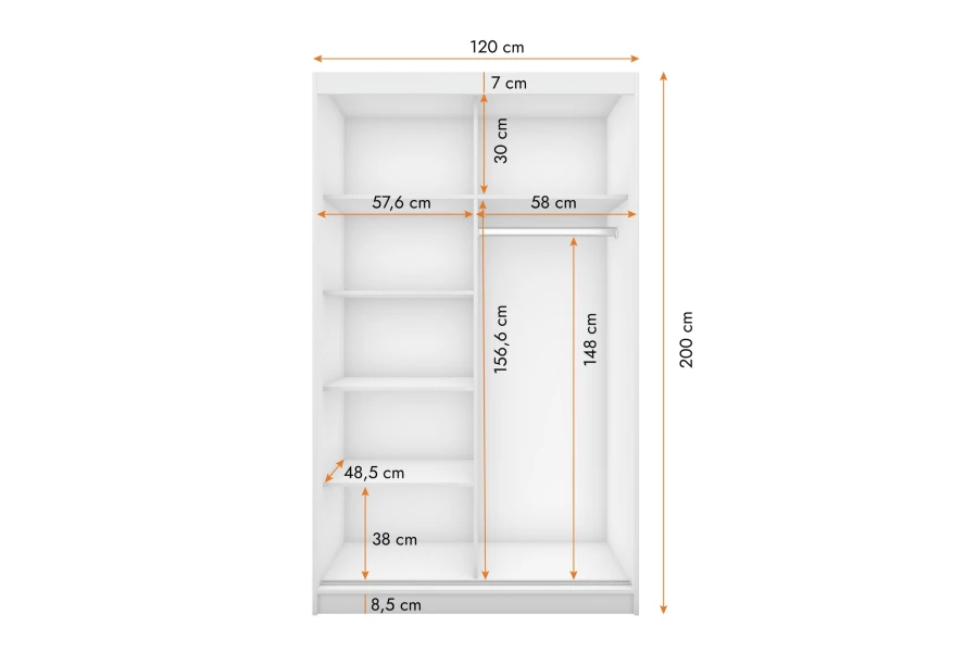 Technische Zeichnung der Innenaufteilung und Maße eines 120 cm breiten Kleiderschranks.
