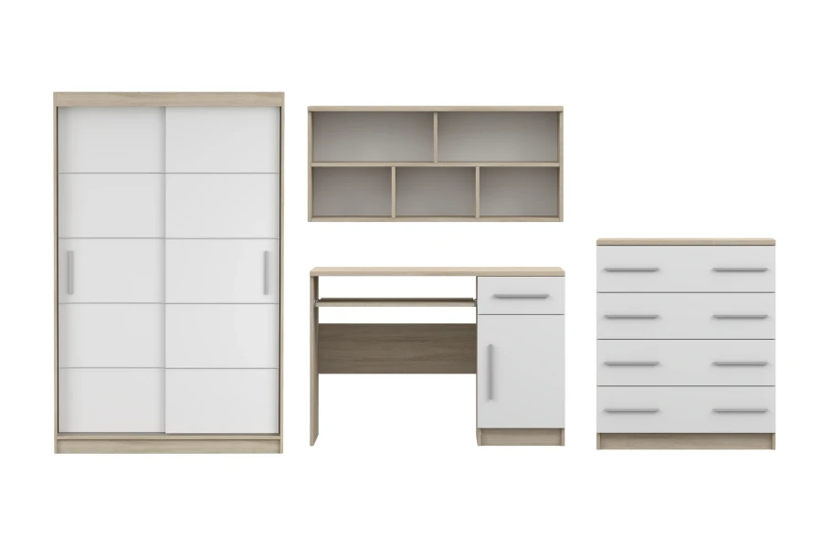4-teiliges Möbel-Set in Weiß und Eiche: Kleiderschrank, Schreibtisch, Kommode und Wandregal.