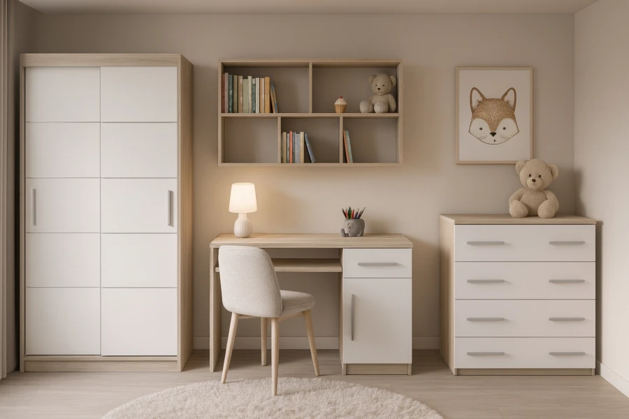 Stilvolle Kinderzimmermöbel in Holzoptik und Weiß mit Schreibtisch, Stuhl und Wandregal.