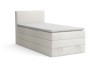 Modernes weißes Boxspringbett aus Bouclé-Stoff mit Kopfteil auf weißem Hintergrund.
