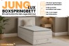 Werbebild für Jung Lux Boxspringbett mit Highlights wie Bettkasten und Kaltschaum-Topper.