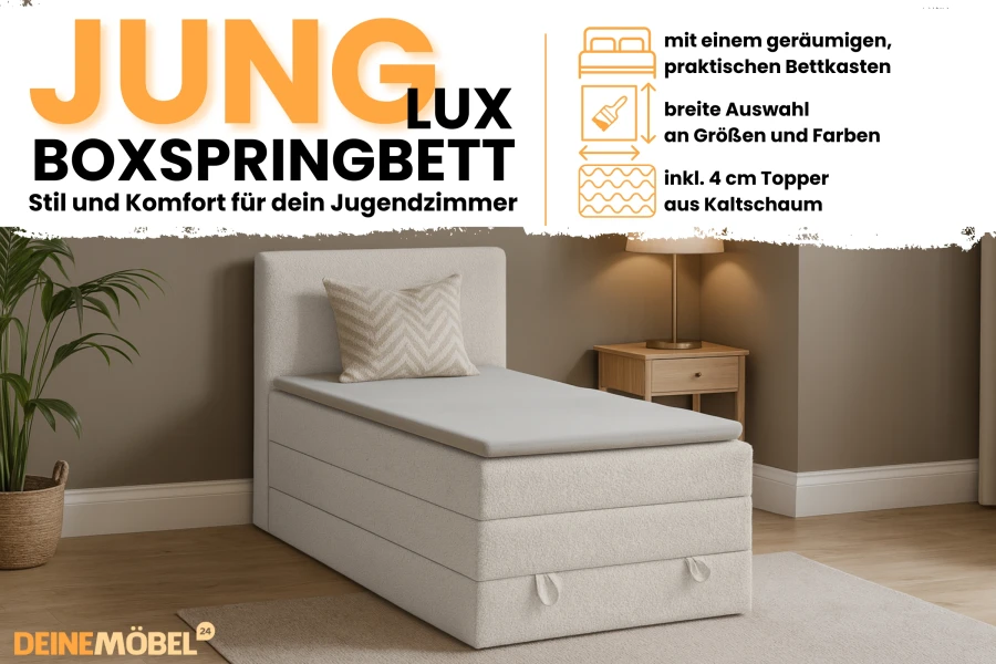 Werbebild für Jung Lux Boxspringbett mit Highlights wie Bettkasten und Kaltschaum-Topper.