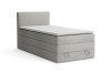 Hellgraues Boxspring-Einzelbett mit strukturiertem Bouclé-Bezug und integriertem Topper.