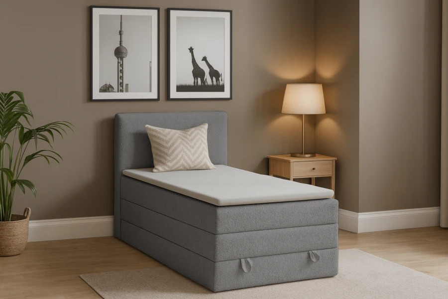 Modernes Schlafzimmer mit grauem Boxspring-Einzelbett und Dekoration