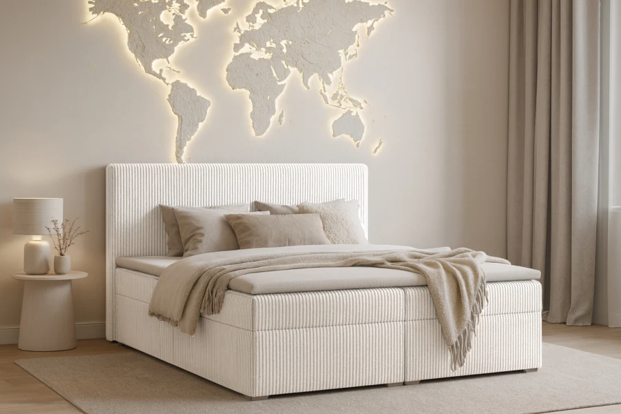 Modern eingerichtetes Schlafzimmer mit Boxspringbett in Cord-Optik und Deko.