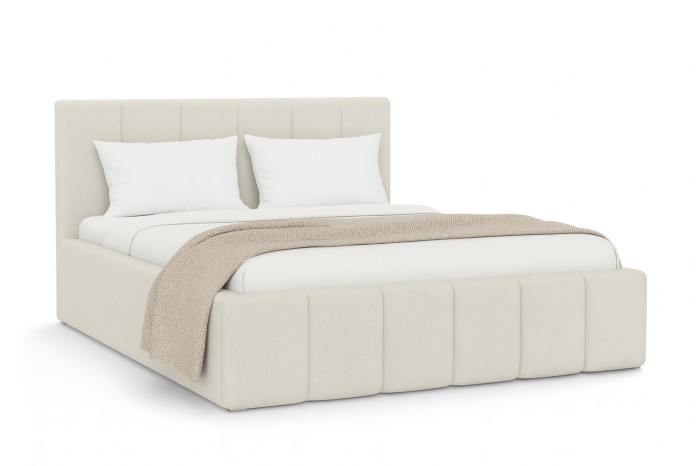 Elegantes Polsterbett Megan in Beige mit moderner vertikaler Steppung am Bettrahmen.