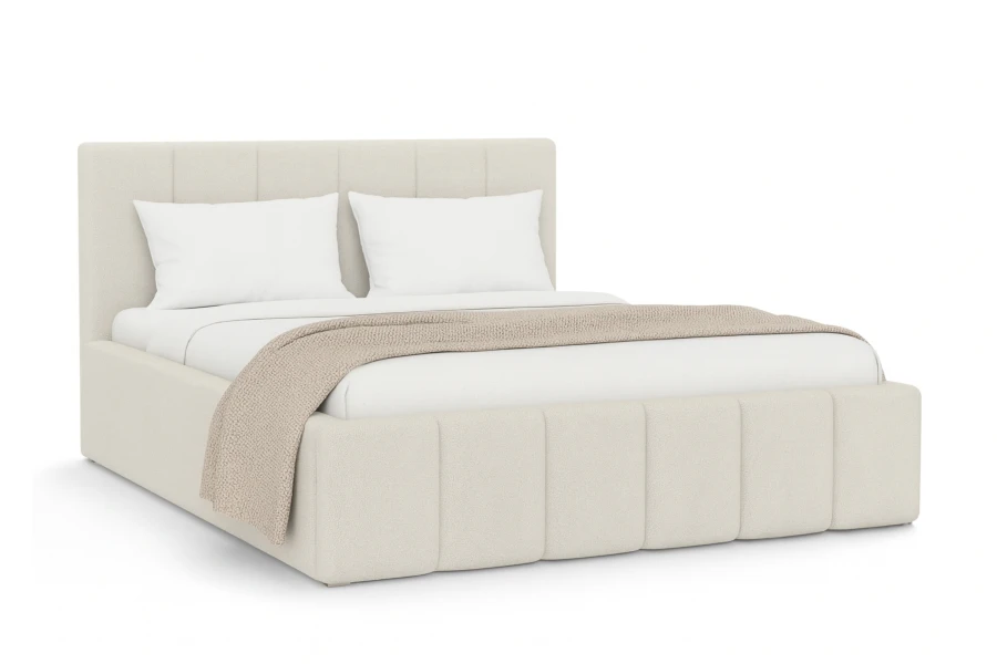 Beiges Megan Polsterbett mit gestreiftem Kopfteil und Bettwäsche für ein gemütliches Schlafzimmer.