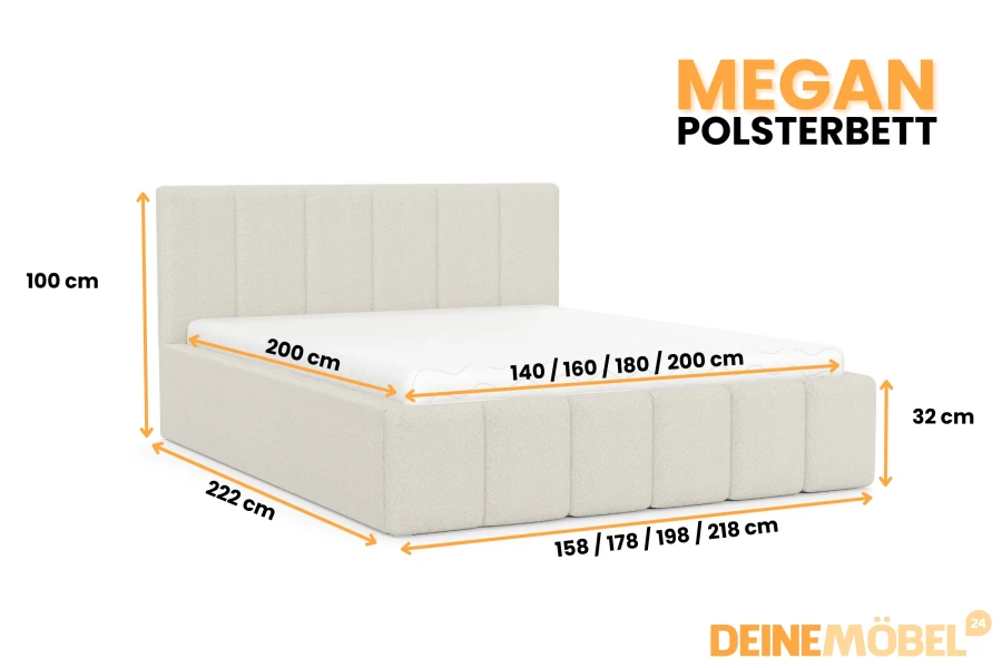 Technische Zeichnung mit Maßen des Megan Polsterbetts in verschiedenen Größenangaben.