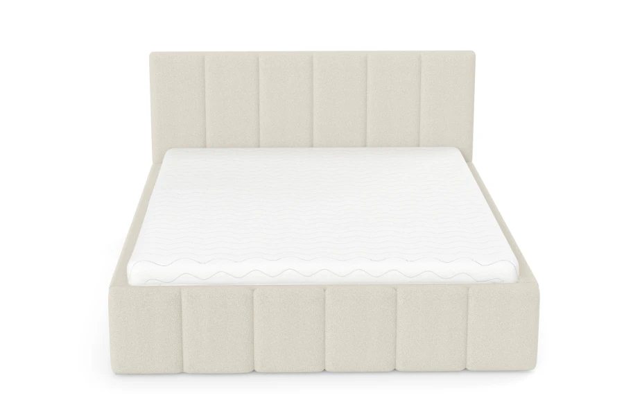 Frontalansicht des Megan Polsterbetts in Beige mit Matratze auf weißem Hintergrund.