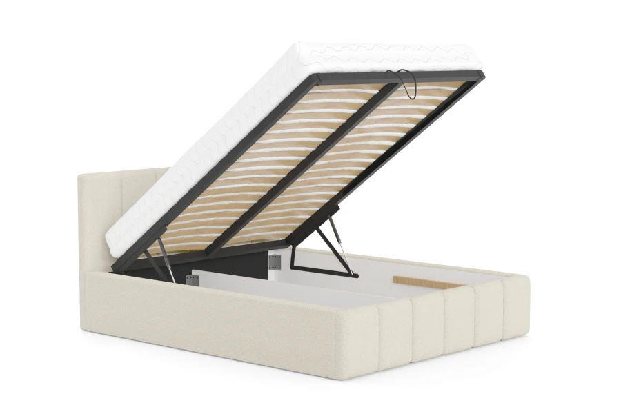 Polsterbett mit hochgeklapptem Lattenrost und großem Stauraum in Beige.