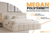 Werbegrafik für das Megan Polsterbett mit Infos zu Stauraum und Farbauswahl.