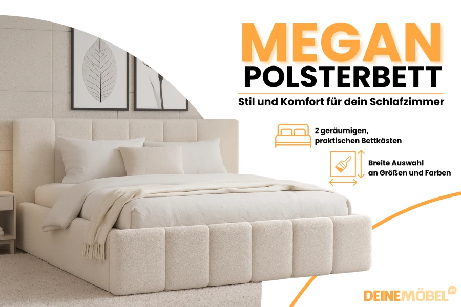 Werbegrafik für das Megan Polsterbett mit Infos zu Stauraum und Farbauswahl.