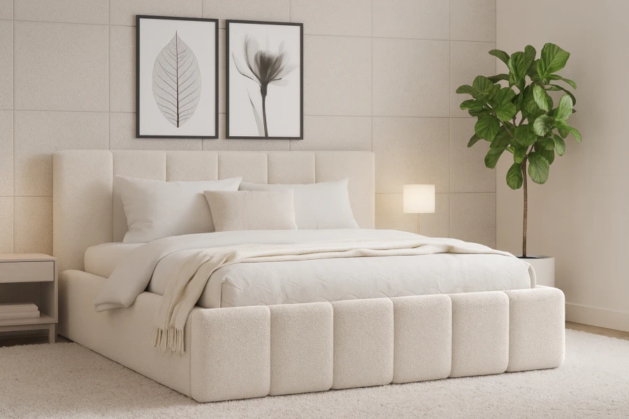 Modernes cremeweißes Polsterbett im Schlafzimmer mit minimalistischer Deko und Zimmerpflanze.