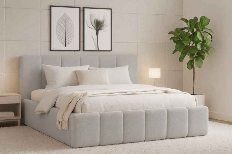 Hellgraues Polsterbett im modernen Schlafzimmer mit minimalistischer Einrichtung
