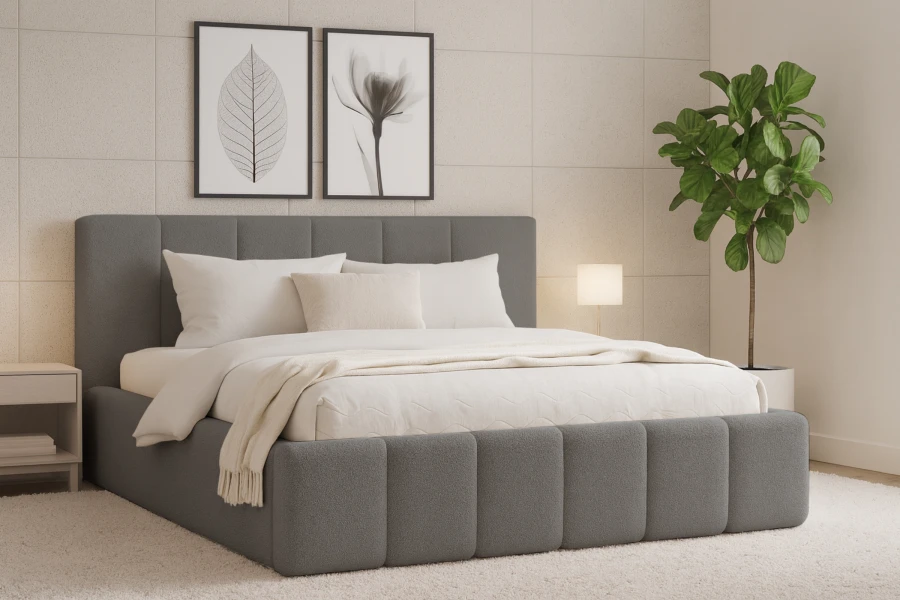 Anthrazitfarbenes Designer-Bett im gemütlich eingerichteten Schlafzimmer