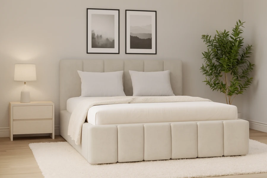 Helles Schlafzimmer mit beigem Polsterbett, modernen Bildern und einer grünen Zimmerpflanze.