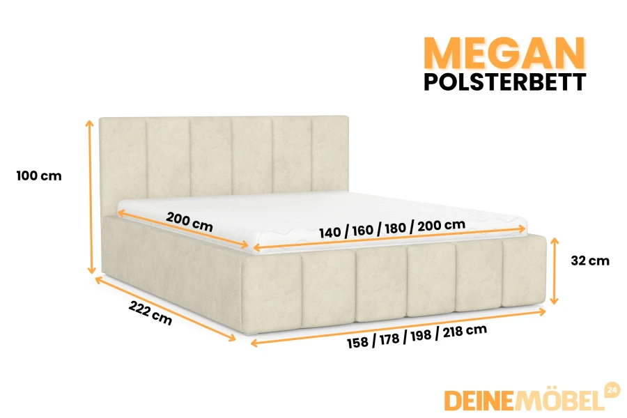 Maßangaben für das Megan Polsterbett in Beige – Abmessungen im Überblick.