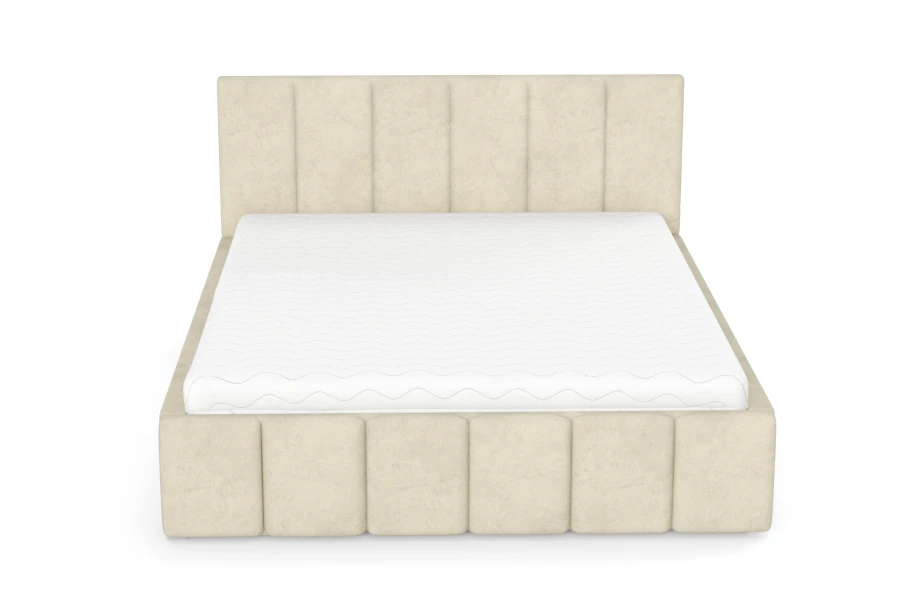 Vorderansicht des Megan Polsterbetts in Beige mit weißer Matratze.